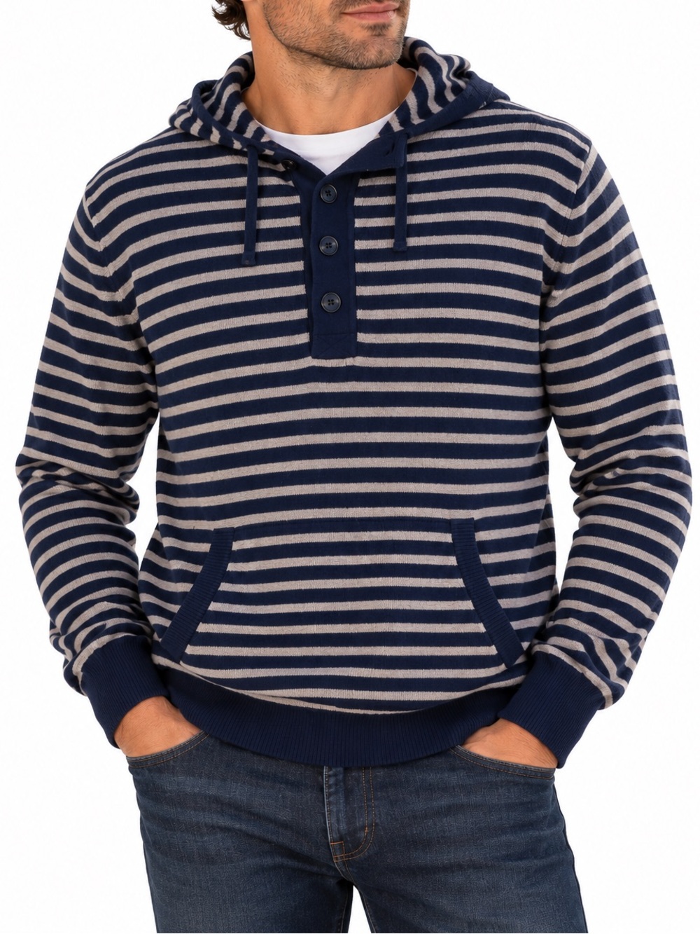J.Crew Men’s Cotton Cashmere Striped Hoodie Sweater Navy & Beige Pullover